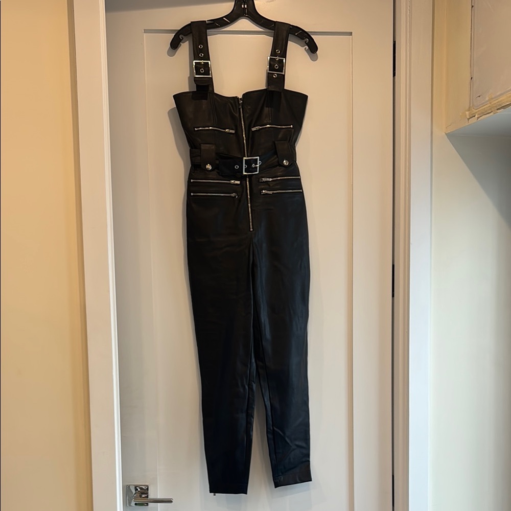 WeWoreWhat Chic Black Faux Leather Jumpsuit with Buckle Straps